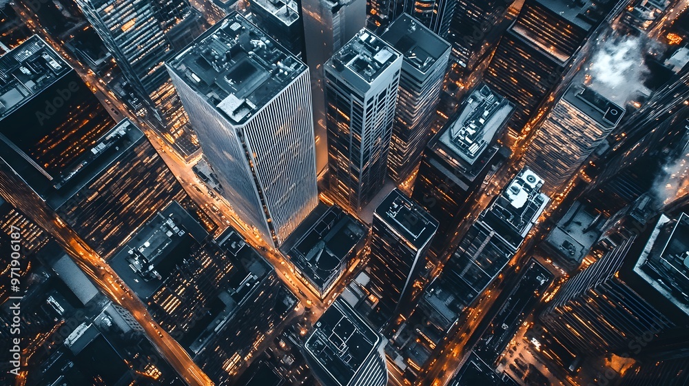 Aerial View of a Cityscape with Tall Buildings and Streets Illuminated at Night Aerial View of a Cityscape with Tall Buildings and Streets Illuminated at Night