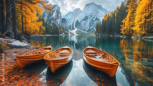 Magical autumn landscape with boats on the lake on FanesSennesBraies natural park in the Dolomites in South Tyrol Alps Italy mental vacation holiday inner peace harmony  concept : Generative AI photo