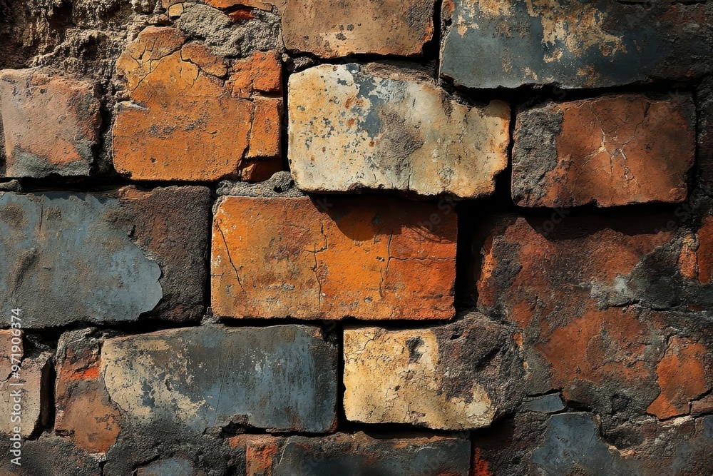 Weathered Brick Wall with Cracks and Uneven Mortar