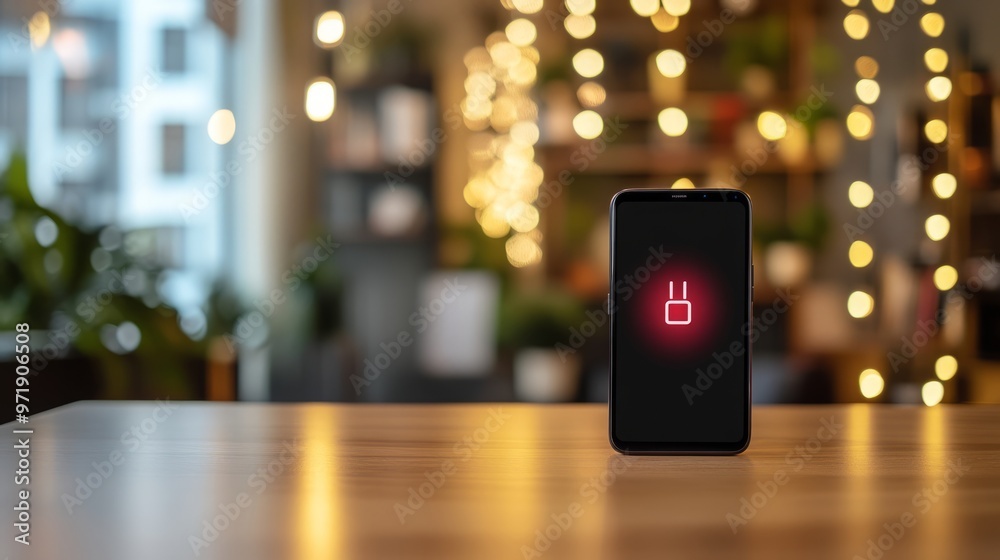 Close-up of a modern smartphone with a battery indicator showing full charge, placed on a wooden table. The background is softly blurred, focusing on the device's safety features Close-up of a modern smartphone with a battery indicator showing full charge, placed on a wooden table. The background is softly blurred, focusing on the device's safety features