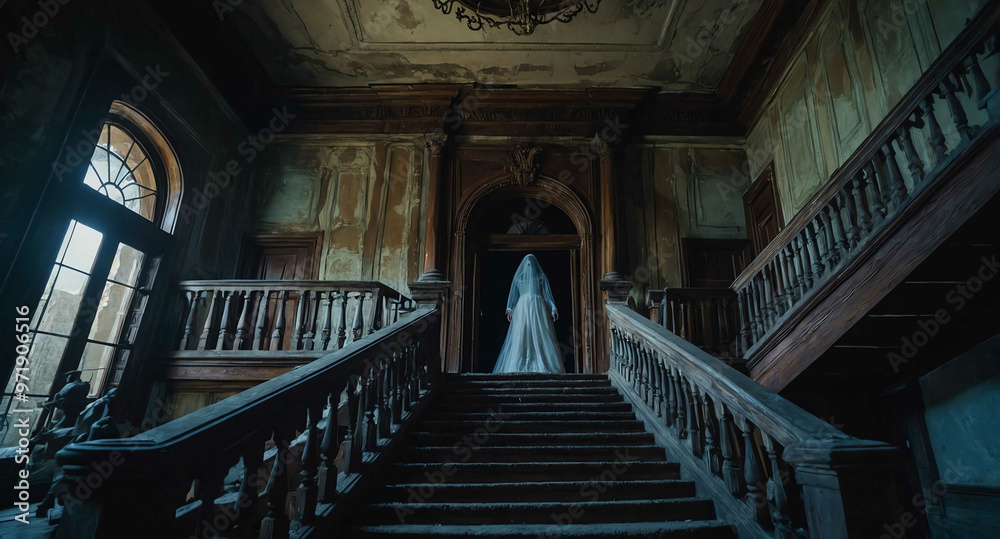 Obraz premium Ghostly figure on staircase of old mansion background