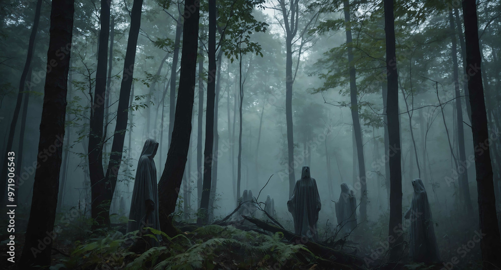 Ghostly figures floating in misty woods background Ghostly figures floating in misty woods background