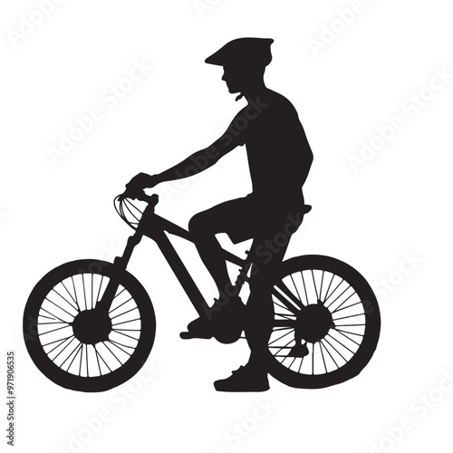 Silhouette of a bicycle with its rider standing beside it on a white background