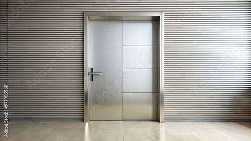 Polished metal push door with horizontal bar handle and vertical lines, set against a bright white wall, inviting entrance to a modern interior space. photo