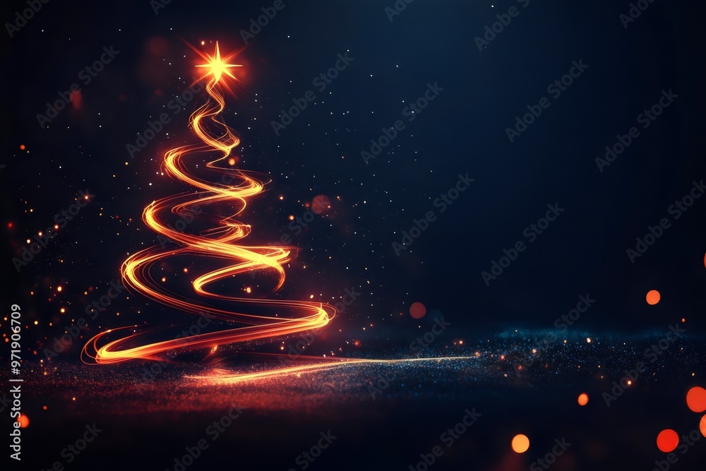 © Your Background - Abstract Christmas tree made of orange light trails shining on dark background with sparkling particles © Your Background - Abstract Christmas tree made of orange light trails shining on dark background with sparkling particles