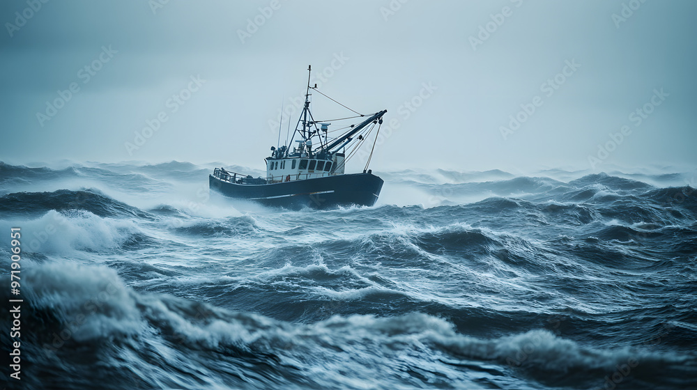 Obraz premium A traditional fishing boat navigating through choppy waters in a stormy sea. AI generated