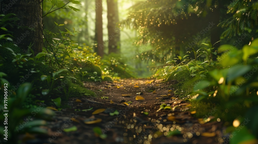 Obraz premium Path through a forest at sunset generative ai