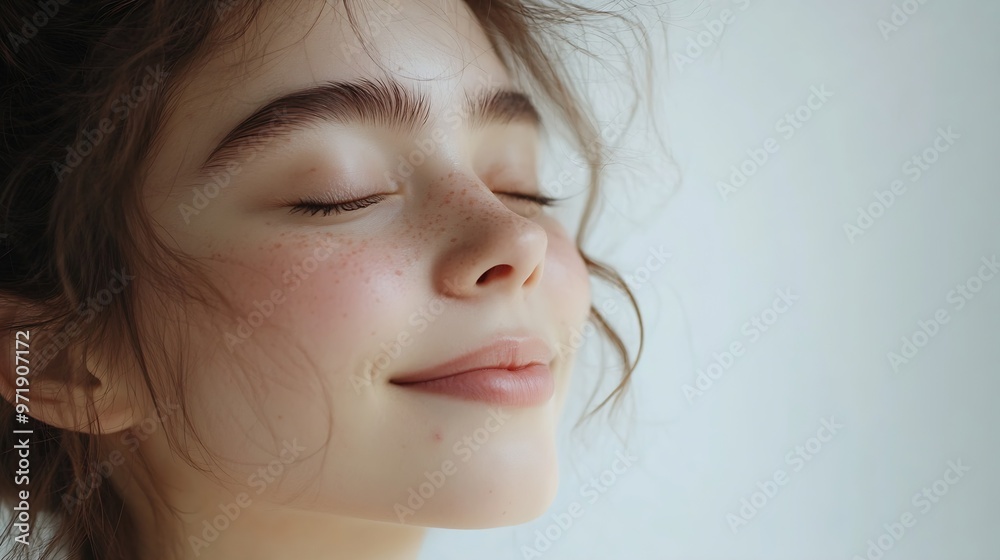 girl on a white background looks to the side beauty dream concept woman closes her eyes she dreams the girl smiles shows her teeth she lifestyle thinks about her wonderful future : Generative AI girl on a white background looks to the side beauty dream concept woman closes her eyes she dreams the girl smiles shows her teeth she lifestyle thinks about her wonderful future : Generative AI