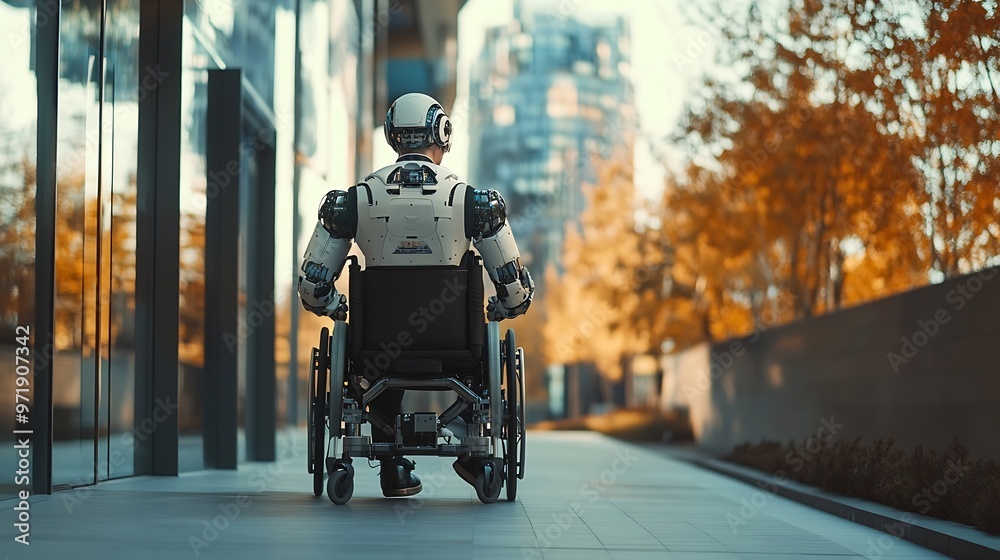 Robot With Ramp A robot carries a young businessman in a suit along a ramp outside a ...