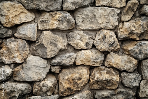 A close-up of a stone wall with irregularly shaped rocks