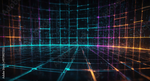 Glowing data nodes with grid abstract background