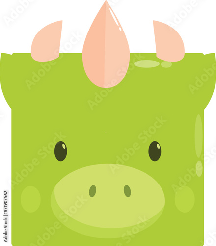 Cartoon dinosaur face with big nose and horns, isolated on white background