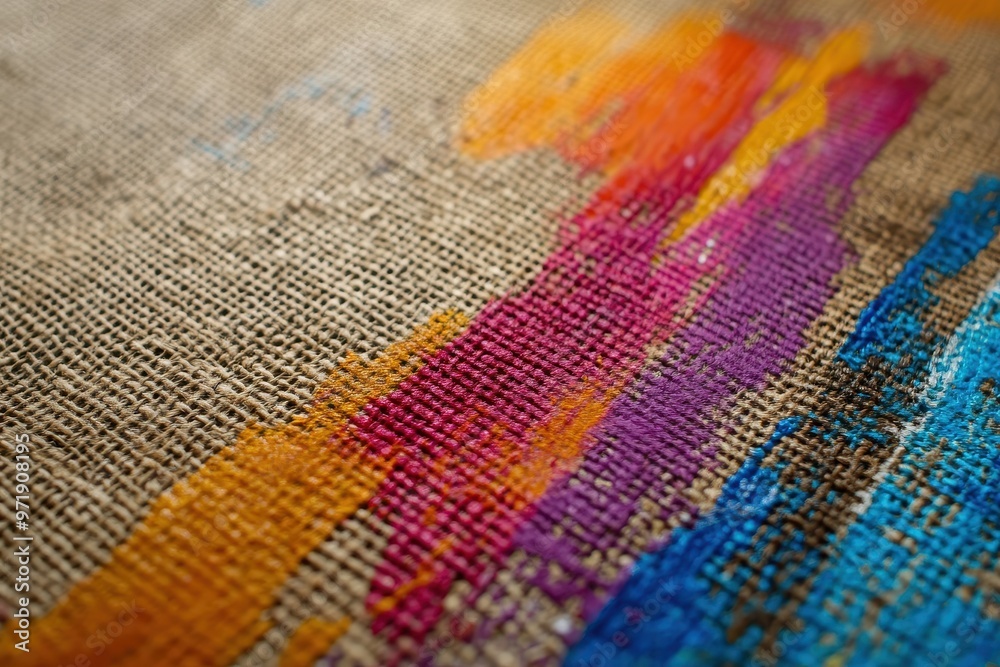 Abstract Paint Strokes on Burlap Fabric Abstract Paint Strokes on Burlap Fabric
