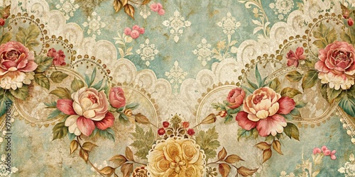 Retro-inspired illustration of a distressed, ornate background featuring floral patterns, lace, and subtle textures, evoking a nostalgic and glamorous aesthetic from a bygone era. photo