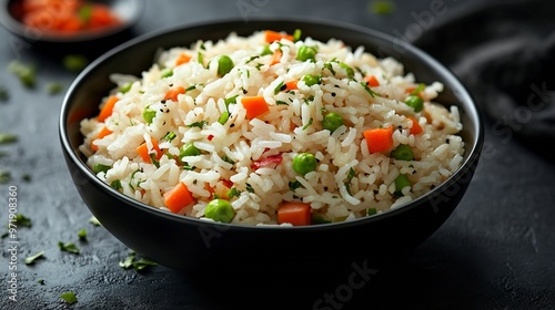 White rice with vegetables in a black bowl on black background : Generative AI