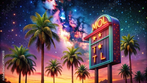 Retro-styled motel sign stands tall amidst a vibrant neon lightscape, surrounded by palm trees and a starry night sky, evoking a sense of classic American road trip nostalgia.
