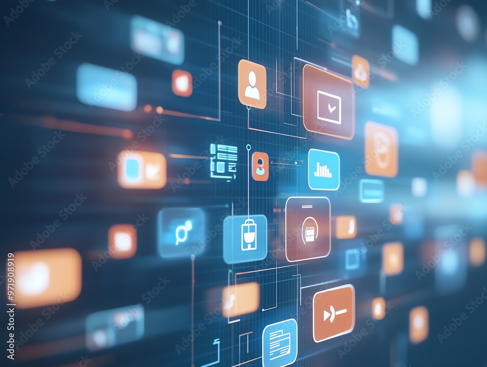 Computer network and communication concept. Abstract digital interface with icons representing various applications and technology. Computer network and communication concept. Abstract digital interface with icons representing various applications and technology.