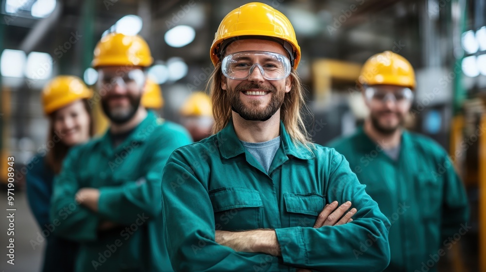 A group of workers in safety gear smiling in an industrial setting. A group of workers in safety gear smiling in an industrial setting.