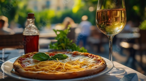 A summer  dinnerTraditional italian food in outdoor restaurant in Trastevere districtTasty and authentic Italian kitchenPasta pizza  and homemade food arrangement  in Rome Italy : Generative AI photo