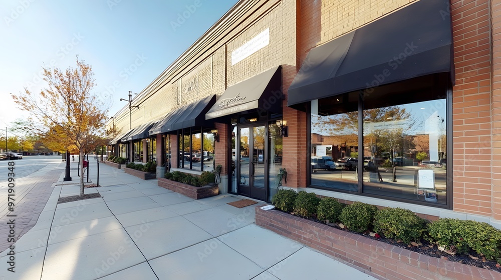 Brick Building with Black Awnings and Glass Windows on a Sunny Day Brick Building with Black Awnings and Glass Windows on a Sunny Day