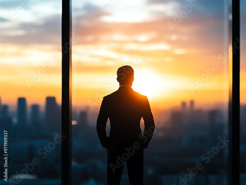 Silhouette of a businessman standing by a window, overlooking a city skyline at sunset, symbolizing ambition and future prospects.