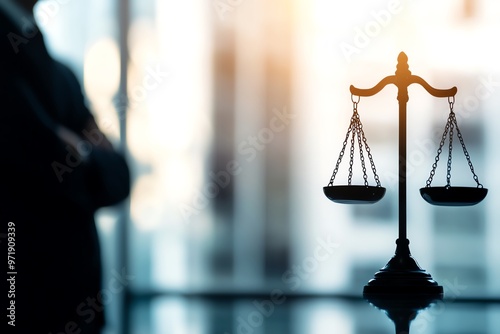 Silhouette of a legal balance scale with a blurred professional in the background, symbolizing justice, equality, and legal profession.