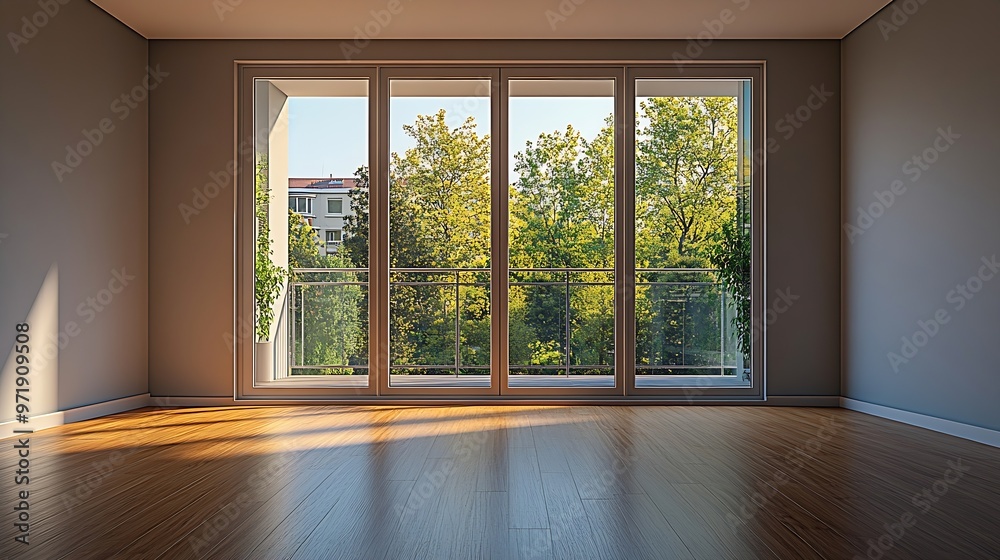 Obraz premium an empty room with wood floor and sliding glass doors looking out onto the balcony area in front of the house : Generative AI