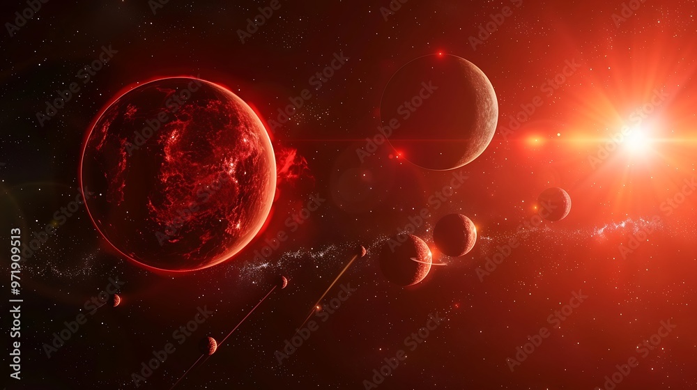 Red star in space surrounded by planets