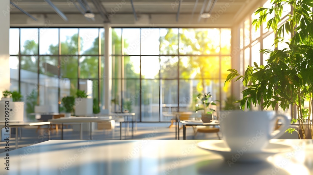 Coffee Cup on a Table in a Modern Office with a View