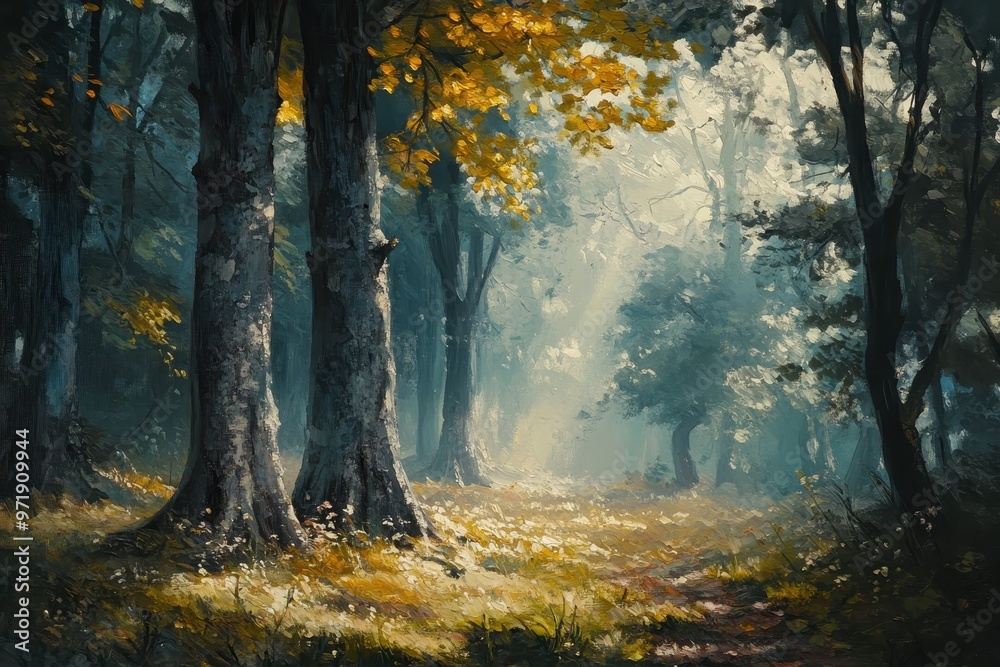 Fototapeta premium A Misty Forest Path with Golden Leaves and Sunlight