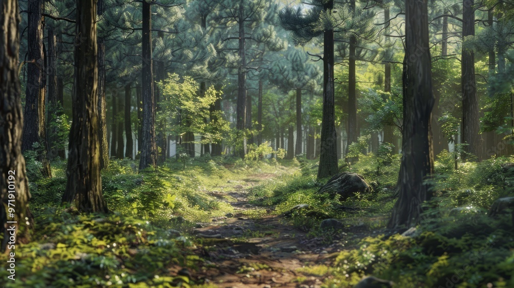 Path through a forest at sunset generative ai Path through a forest at sunset generative ai