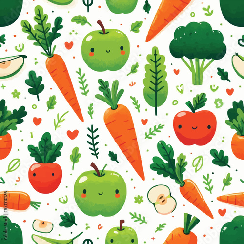 Seamless background pattern of organic farm fresh fruits and vegetables. 