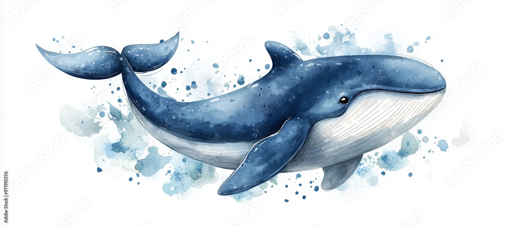 A friendly whale with a water spout, isolated on a white background, watercolor style A friendly whale with a water spout, isolated on a white background, watercolor style