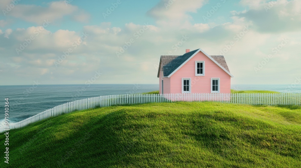 Minimalist pink house on top of green mossy hills, grass below, white picket fence surrounding, ocean view Minimalist pink house on top of green mossy hills, grass below, white picket fence surrounding, ocean view