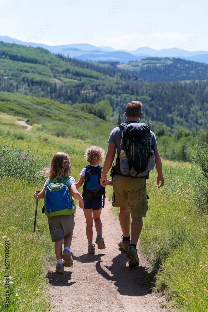 Obraz premium Diverse family hiking scenic park, exploring nature, enjoying outdoors. AI generated