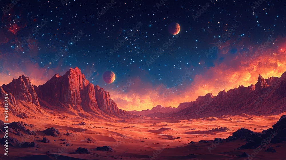 A Desolate Martian Landscape Under a Starry Sky A Desolate Martian Landscape Under a Starry Sky