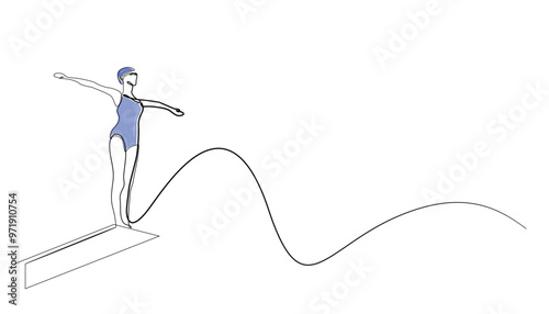 line art drawing of female athlete standing on swimming diving board.preparing to do diving.one line drawing.single line vector illustration.isolated white background
