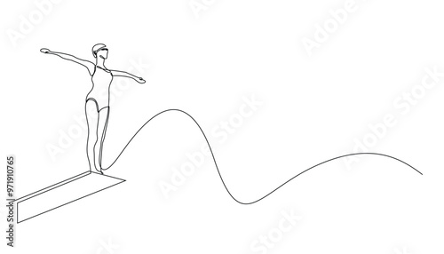 continuous line of female athletes standing on swimming diving board. prepare to dive. one line drawing. line art vector illustration.isolated white background