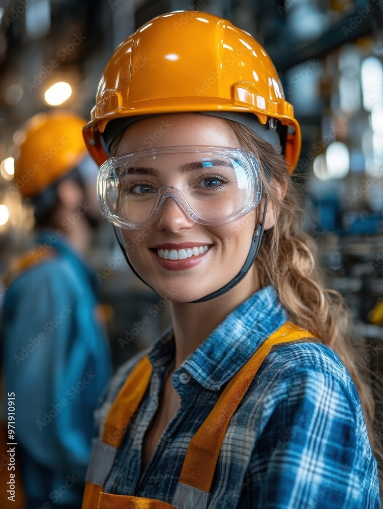 A smiling woman in safety gear in an industrial setting, promoting workplace safety. A smiling woman in safety gear in an industrial setting, promoting workplace safety.