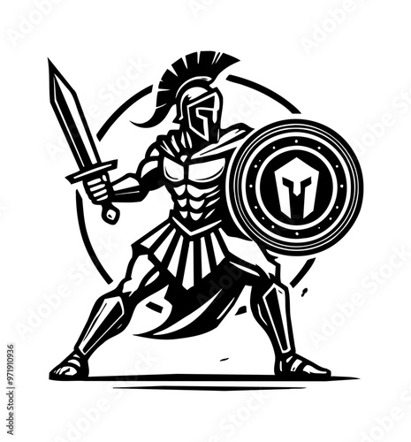 gladiator sword shield engraving black and white outline
