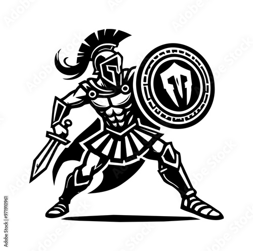 Wallpaper Mural gladiator sword shield engraving black and white outline Torontodigital.ca