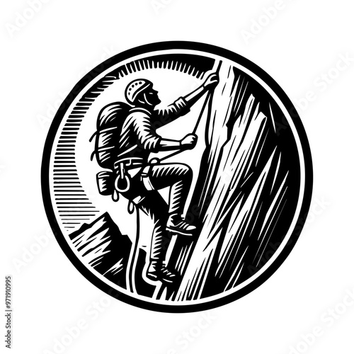 mountain climber engraving black and white outline