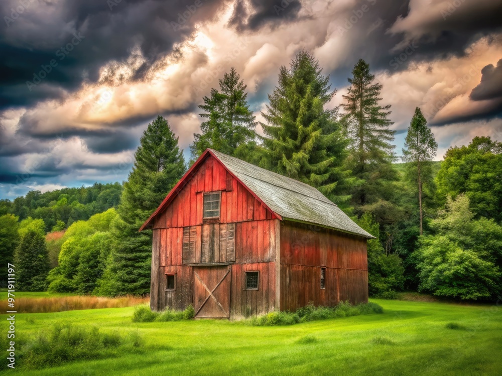 Rustic wooden barn with faded red paint and worn wooden doors standing alone in a lush green meadow surrounded by tall trees under a cloudy sky. Rustic wooden barn with faded red paint and worn wooden doors standing alone in a lush green meadow surrounded by tall trees under a cloudy sky.