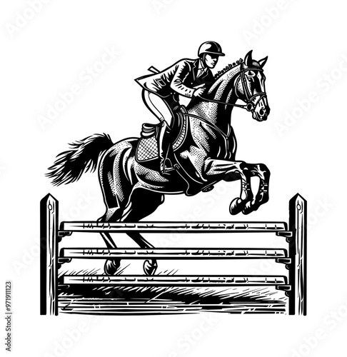 horse jump fence engraving black and white outline