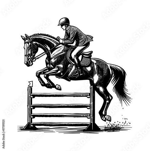 horse jump fence engraving black and white outline