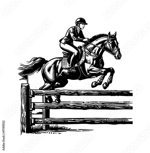 horse jump fence engraving black and white outline