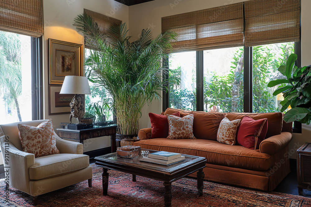 Cozy living room with earthy tones and natural materials