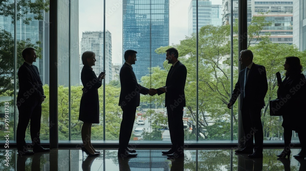 A diverse group of business leaders shake hands in a sleek office lobby, with a vibrant cityscape visible through large windows A diverse group of business leaders shake hands in a sleek office lobby, with a vibrant cityscape visible through large windows