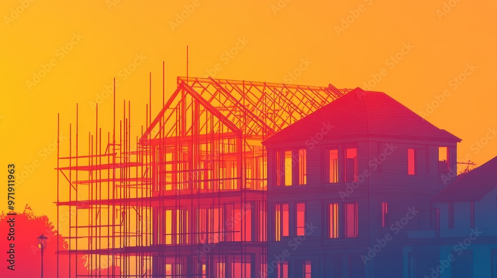 A business card design showcases a house being built with a colorful sunset backdrop, emphasizing construction and creativity A business card design showcases a house being built with a colorful sunset backdrop, emphasizing construction and creativity