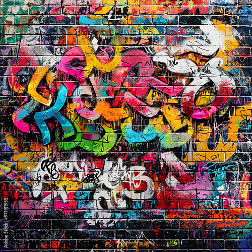 Graffiti art on the wall, colorful cartoon characters, street-style artwork, cartoon animal patterns, graffiti elements